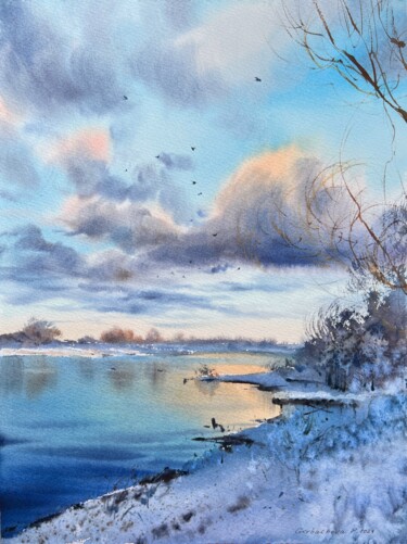 Painting titled "Frozen river #6" by Eugenia Gorbacheva, Original Artwork, Watercolor