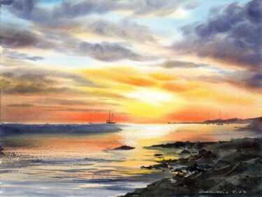 Pintura intitulada "Orange sunset #20" por Eugenia Gorbacheva, Obras de arte originais, Aquarela