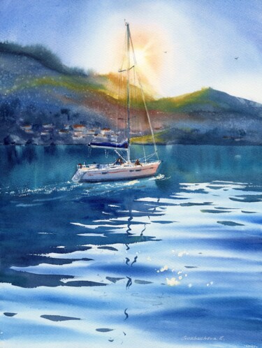 Malerei mit dem Titel "Yacht in the sun" von Eugenia Gorbacheva, Original-Kunstwerk, Aquarell