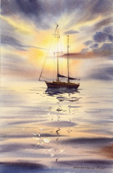 Pintura intitulada "Yacht in the sun #3" por Eugenia Gorbacheva, Obras de arte originais, Aquarela
