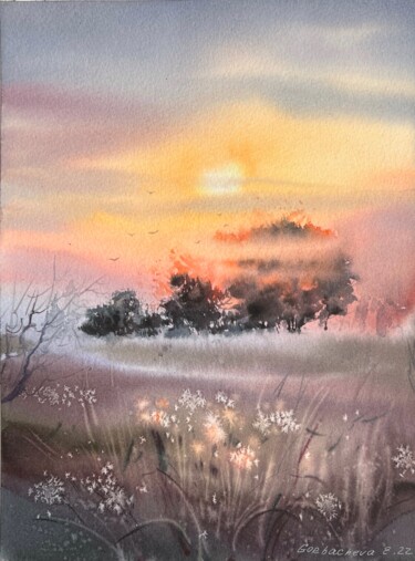 Painting titled "Orange sunset #21" by Eugenia Gorbacheva, Original Artwork, Watercolor