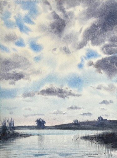 Painting titled "Clouds over the riv…" by Eugenia Gorbacheva, Original Artwork, Watercolor