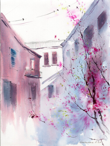 Картина под названием "Pink motifs Spring…" - Eugenia Gorbacheva, Подлинное произведение искусства, Акварель