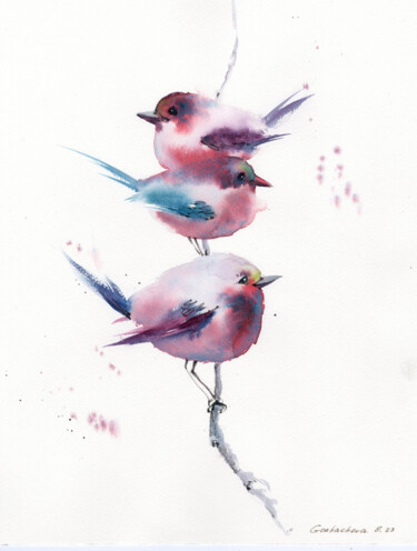 Painting titled "Pink motifs. Birds" by Eugenia Gorbacheva, Original Artwork, Watercolor