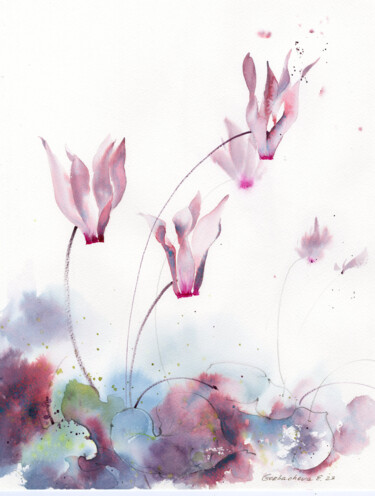Pintura intitulada "Pink motifs. Flowers" por Eugenia Gorbacheva, Obras de arte originais, Aquarela