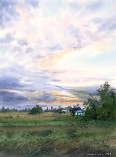 Pintura intitulada "Sunset in the villa…" por Eugenia Gorbacheva, Obras de arte originais, Aquarela
