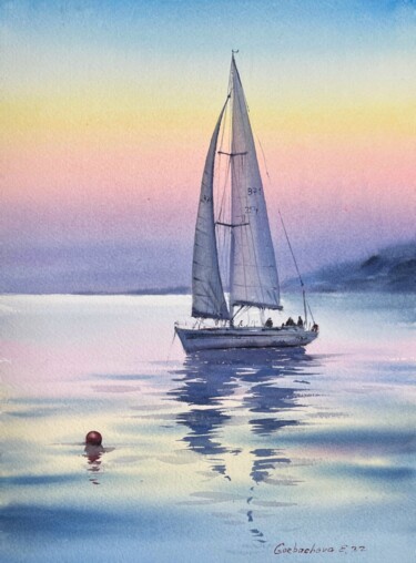 Pittura intitolato "Yacht in the sea at…" da Eugenia Gorbacheva, Opera d'arte originale, Acquarello