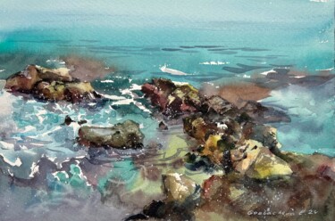 Painting titled "Waves and rocks #17" by Eugenia Gorbacheva, Original Artwork, Watercolor