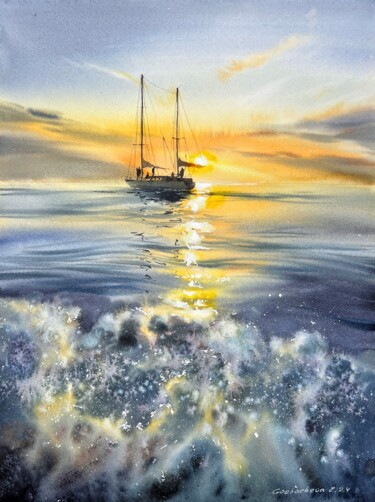 Painting titled "Yacht at Sunset #10" by Eugenia Gorbacheva, Original Artwork, Watercolor