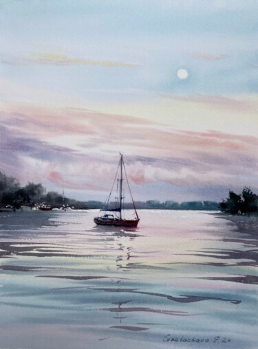 Pintura intitulada "Yacht and Pink Dawn…" por Eugenia Gorbacheva, Obras de arte originais, Aquarela