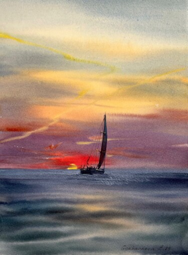 Pintura intitulada "Orange sunset #22" por Eugenia Gorbacheva, Obras de arte originais, Aquarela