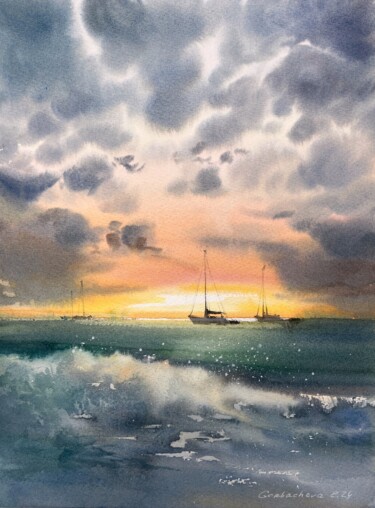 Картина под названием "Yachts at sunset 11" - Eugenia Gorbacheva, Подлинное произведение искусства, Акварель