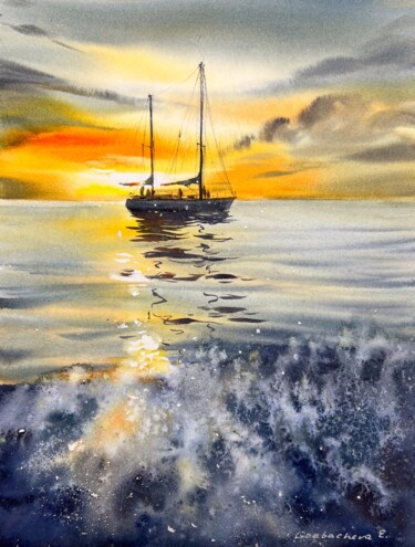 Malerei mit dem Titel "Yacht at sunset #12" von Eugenia Gorbacheva, Original-Kunstwerk, Aquarell