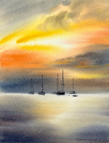 Pintura intitulada "Yachts at sunset #12" por Eugenia Gorbacheva, Obras de arte originais, Aquarela