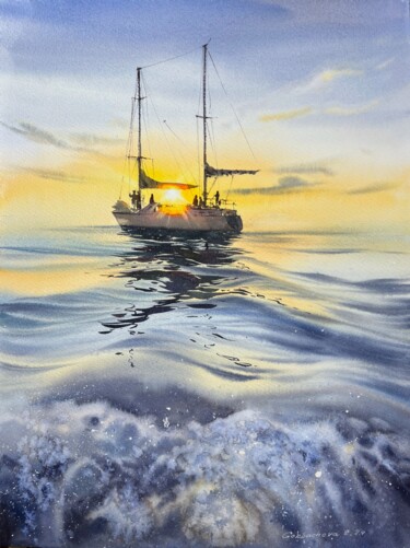 Schilderij getiteld "Yacht at sunset #14" door Eugenia Gorbacheva, Origineel Kunstwerk, Aquarel