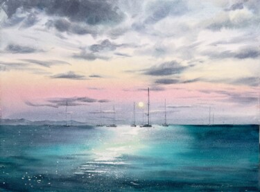 Pintura intitulada "Yachts at sunset #14" por Eugenia Gorbacheva, Obras de arte originais, Aquarela