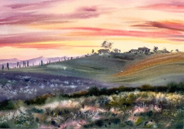 Painting titled "The charm of sunset…" by Eugenia Gorbacheva, Original Artwork, Watercolor