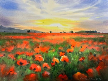 Pintura intitulada "Poppy field at suns…" por Eugenia Gorbacheva, Obras de arte originais, Aquarela