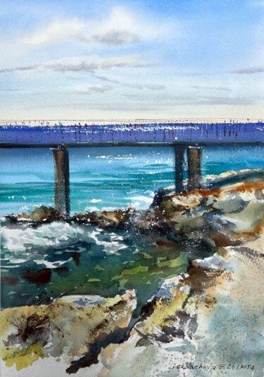 Malerei mit dem Titel "Sea Coast Bridge #2" von Eugenia Gorbacheva, Original-Kunstwerk, Aquarell