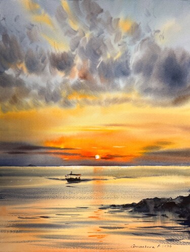 Pintura intitulada "Orange sunset #25" por Eugenia Gorbacheva, Obras de arte originais, Aquarela