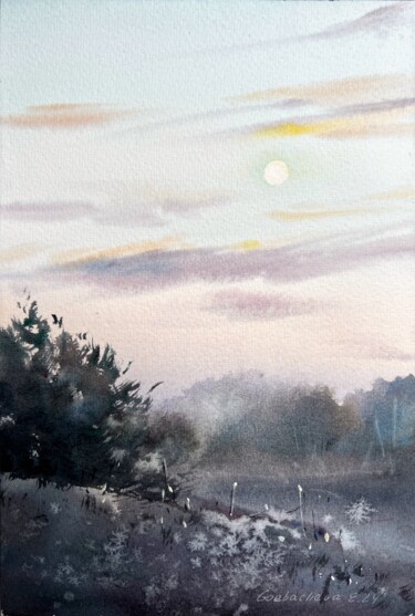 Painting titled "Sunset in the fog" by Eugenia Gorbacheva, Original Artwork, Watercolor