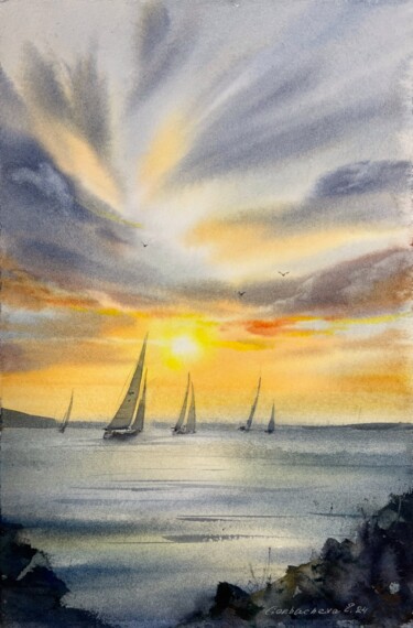 Painting titled "Yachts at sunset #16" by Eugenia Gorbacheva, Original Artwork, Watercolor