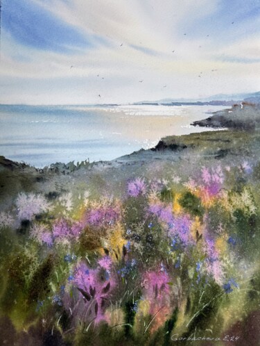 Painting titled "Flower coast #2" by Eugenia Gorbacheva, Original Artwork, Watercolor