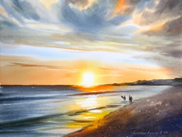 Pittura intitolato "Surfing at sunset" da Eugenia Gorbacheva, Opera d'arte originale, Acquarello
