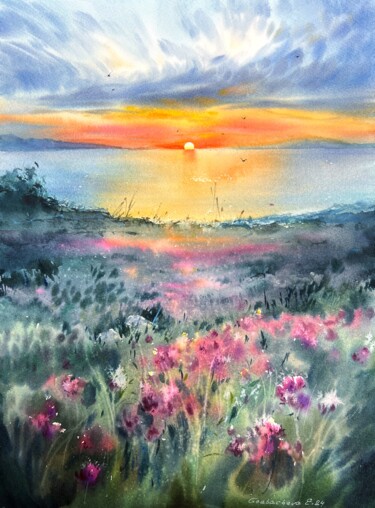 Painting titled "Flowers and sea at…" by Eugenia Gorbacheva, Original Artwork, Watercolor