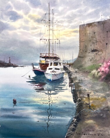 Картина под названием "Old port of Girne" - Eugenia Gorbacheva, Подлинное произведение искусства, Акварель