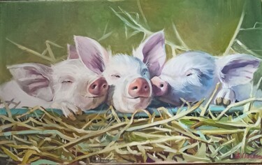 Painting titled "Trois petits cochons" by Eugenie Ch., Original Artwork, Oil