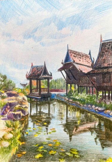 Tekening getiteld "Ancient Siam" door Eugenie Eremeichuk, Origineel Kunstwerk, Conté