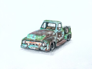 Рисунок под названием "An old pretty car" - Eugenie Eremeichuk, Подлинное произведение искусства, Цветные карандаши