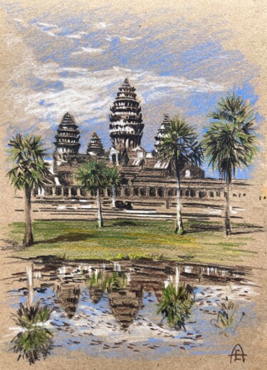 Tekening getiteld "Angkor Wat" door Eugenie Eremeichuk, Origineel Kunstwerk, Conté