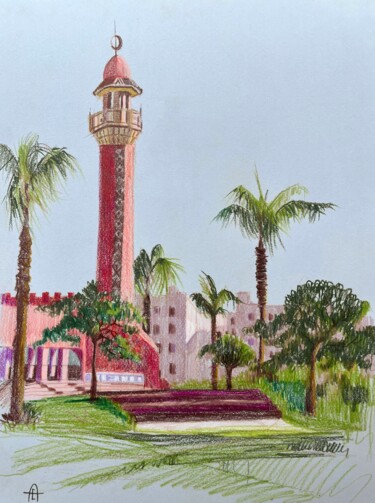 Zeichnungen mit dem Titel "Red mosque" von Eugenie Eremeichuk, Original-Kunstwerk, Conté-Buntstifte