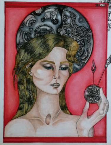 Desenho intitulada "La joueuse de temps" por Eugénie Saibron, Obras de arte originais, Pastel Montado em Cartão