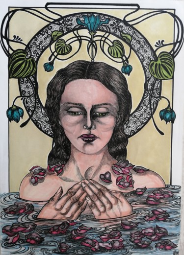 Dessin intitulée "Le bain aux roses" par Eugénie Saibron, Œuvre d'art originale, Encre