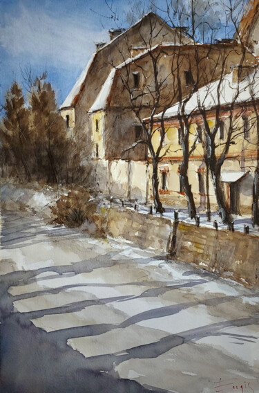 Pintura titulada "Winter in old town" por Eugis Eidukaitis, Obra de arte original, Acuarela