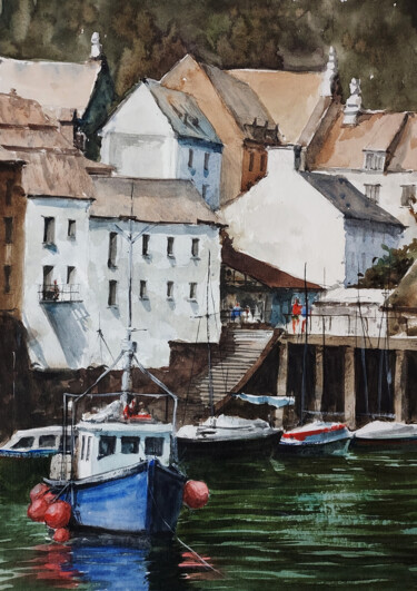 Malerei mit dem Titel "Fishing village" von Eugis Eidukaitis, Original-Kunstwerk, Aquarell