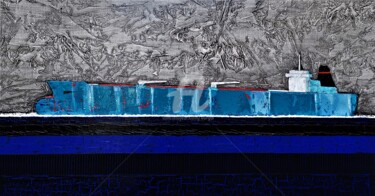 Ζωγραφική με τίτλο "cargo  bleu" από Christian Eurgal, Αυθεντικά έργα τέχνης, Λάδι Τοποθετήθηκε στο Ξύλινο φορείο σκελετό