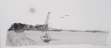 Painting titled "BATEAUX mouillage.j…" by Ev.A. Ramlot, Original Artwork, Ink Mounted on Other rigid panel
