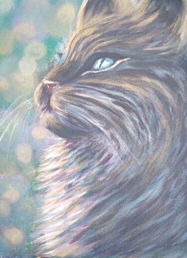Painting titled "Cat" by Eva Andre, Original Artwork, Acrylic Mounted on Wood Stretcher frame