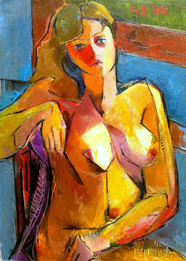 Pintura intitulada "la jeune femme assi…" por Eva Ars, Obras de arte originais, Óleo