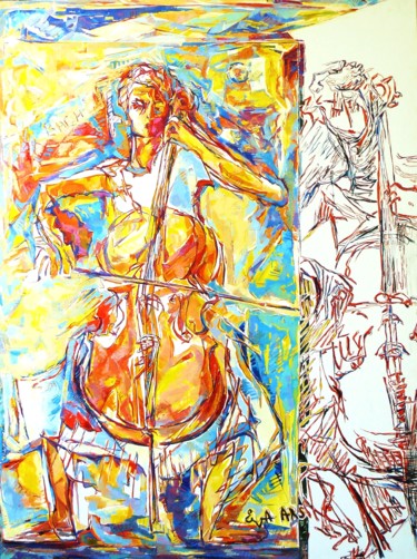 Картина под названием "La violoncelliste" - Eva Ars, Подлинное произведение искусства, Масло