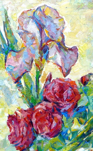Pintura titulada "les roses et irise" por Eva Ars, Obra de arte original, Oleo