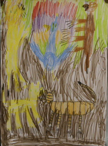 Disegno intitolato "Джунгли. Павлин." da Eva Arzhanykh, Opera d'arte originale, Matite colorate