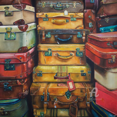 Painting titled "Vintage suitcase" by Eva Chen, Original Artwork, Oil