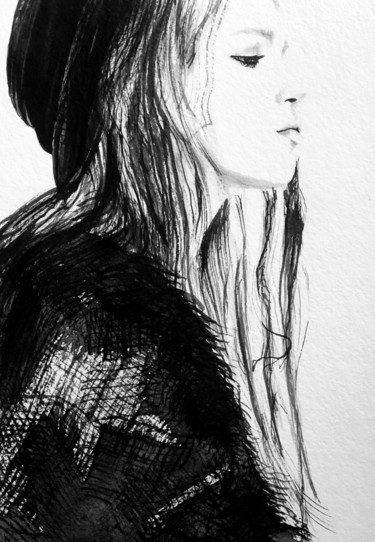 Drawing titled "sadness" by Evgeniya Abramova, Original Artwork, Ink