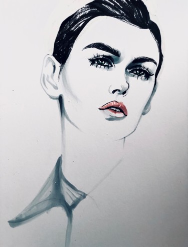 Drawing titled "red lips" by Evgeniya Abramova, Original Artwork, Ink