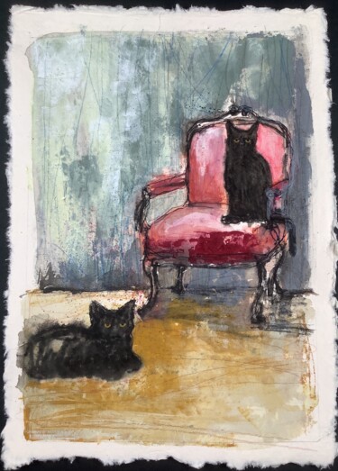 Painting titled "CATS AT HOME" by Eva Fialka, Original Artwork, Ink